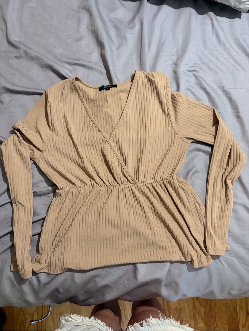Francesca's Collections Beige Ribbed Wrap-Front Long Sleeve Camisole